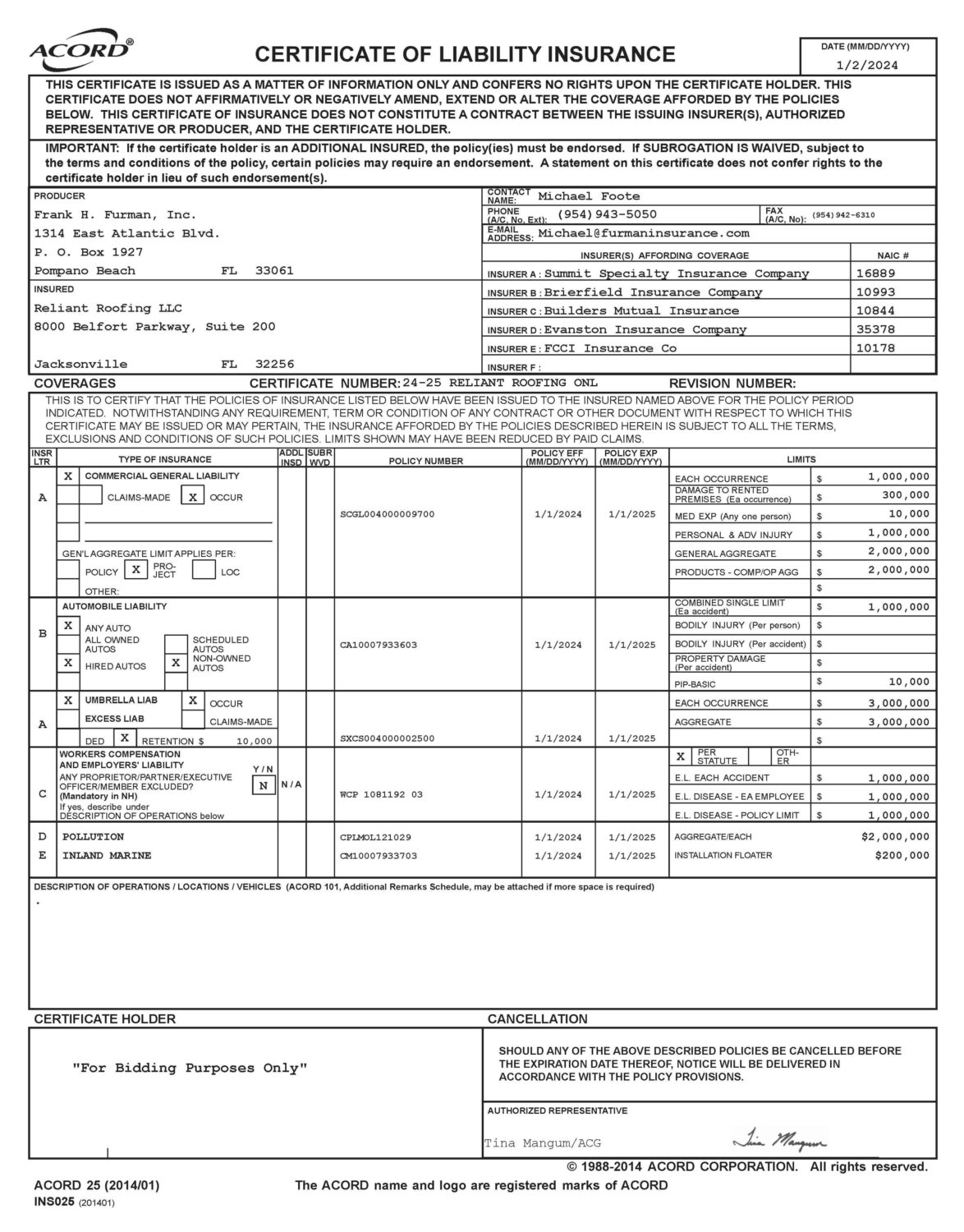 2024 Reliant Roofing Certificate of Insurance