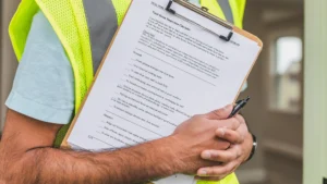 Construction worker holding clipboard