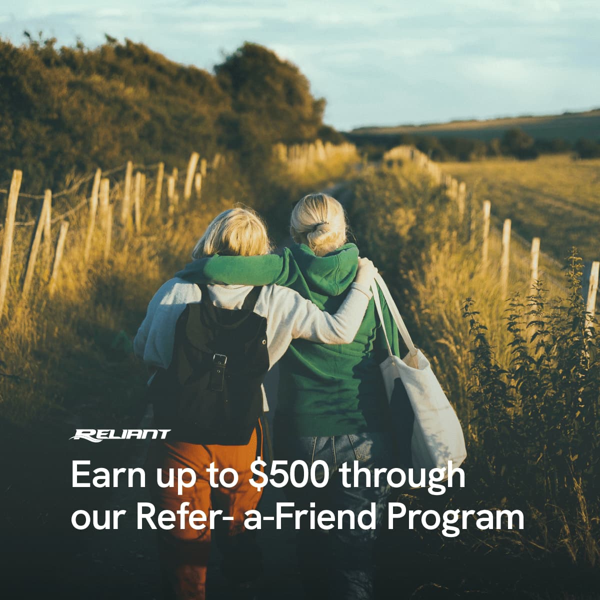 Social media post about Reliant's roofing Refer-a-Friend program with a background showing two friends hugging in a field