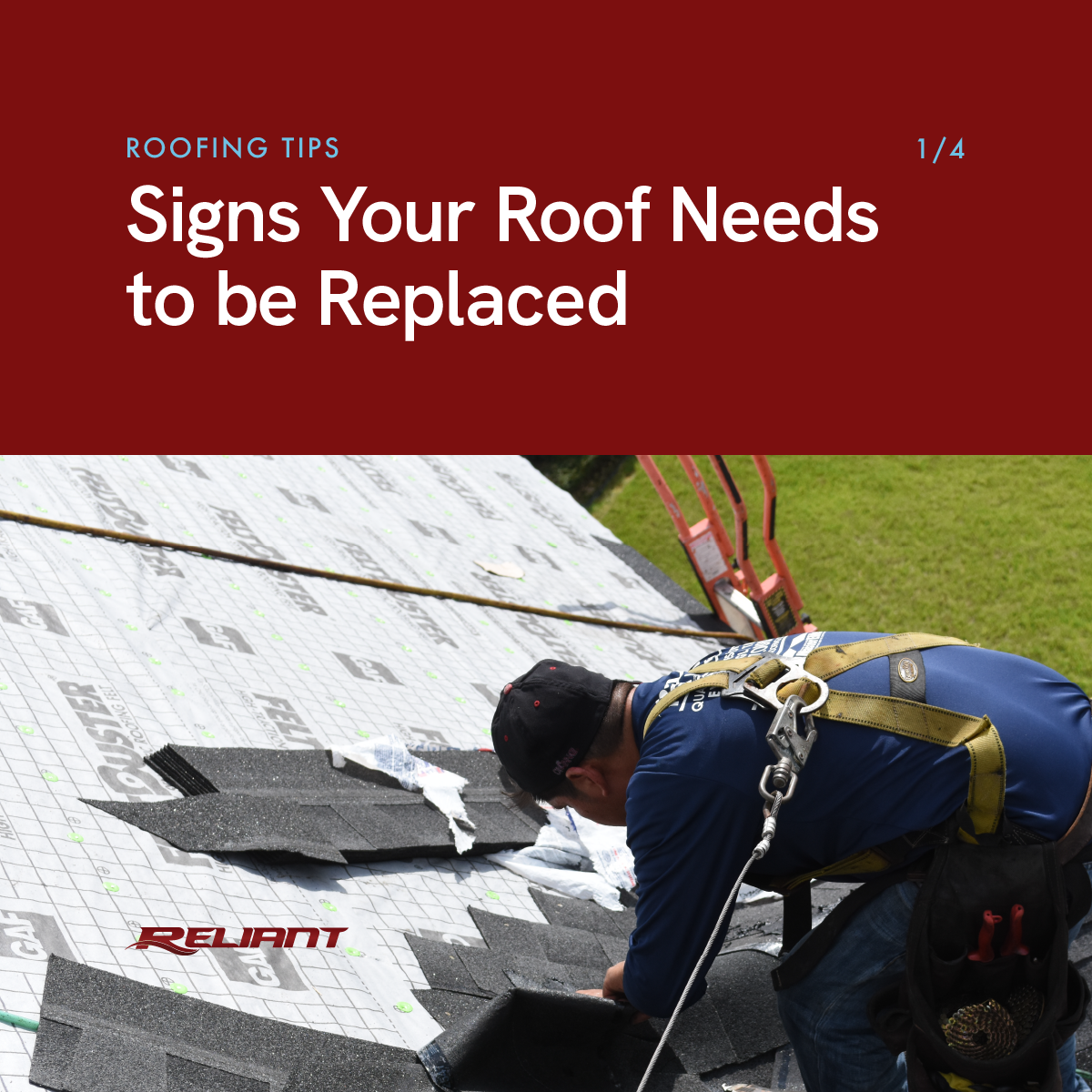 Social media post showing a man replacing shingles on a roof